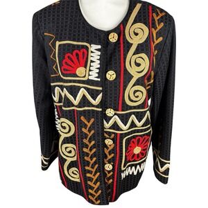 Vtg Alex Kim Womens M Blazer Wood Toggle Buttons Embellished Textured Black Boho